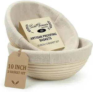 Saint Germain Bakery Premium Banneton Bread Proofing Basket Set - 2 Pack 10 Inch Round Brotform with Liners, Sourdough Bread Baking Basket