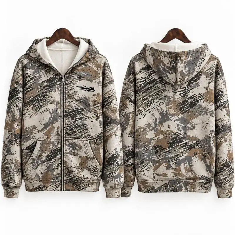 Rust Woodland Camo Zip Up Hoodie, Unisex Oversized Cotton Streetwear Jacket, Distressed Outdoor Print Hooded Sweatshirt