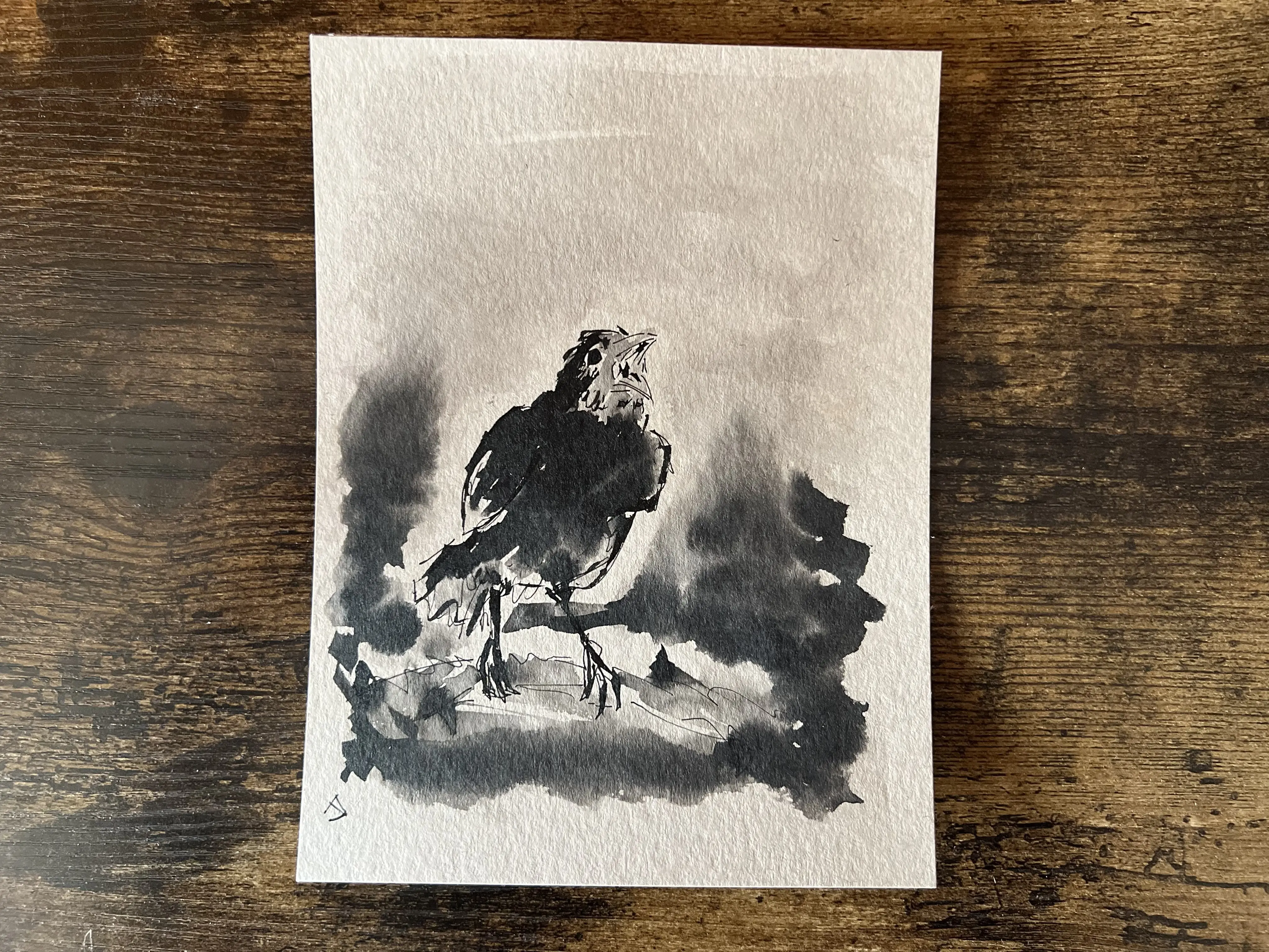 Signed Original Sumi-e Ink and Pen Songbird Painting