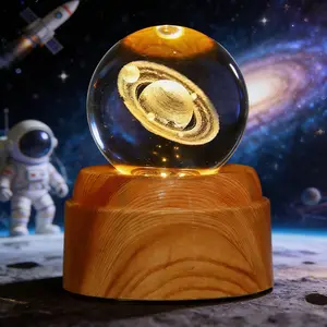 Saturn Crystal Ball 2.4 inch (60mm) Decorative Quartz Glass Sphere with Wooden Base, Elegant Paperweight for Home Decor, Unique Gifts for Men, Friends, and Girls