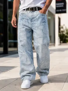 Men's Baggy Paisley Jeans, Y2K Streetwear Wide Leg Denim Pants, Light Blue Floral Pattern