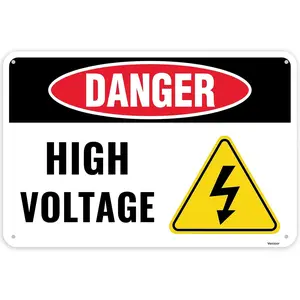 1PC Danger High Voltage Sign, 12 x 8 Inches - Aluminum - Caution Warning Electrical Shock Hazard Sign