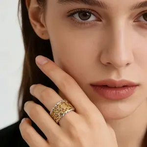 14K Gold Plated Non Tarnish Fade Resistant Two Tone Adjustable Open Ring for Women Comfort Fit Vintage Hollow Lace Statement Ring TikTok Viral Trending 2026 Jewelry Daily Wear Fashion Accessory Gift for Her Birthday Anniversary Holiday