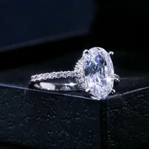 Oval Pave CZ Silver White Gold Plated Engagement Promise Solitaire Ring