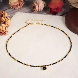 Black Tourmaline 2mm Tiny Beaded Necklace Choker with Square Shape Tourmaline Pendant, Healing Protection Balance Necklace for Women