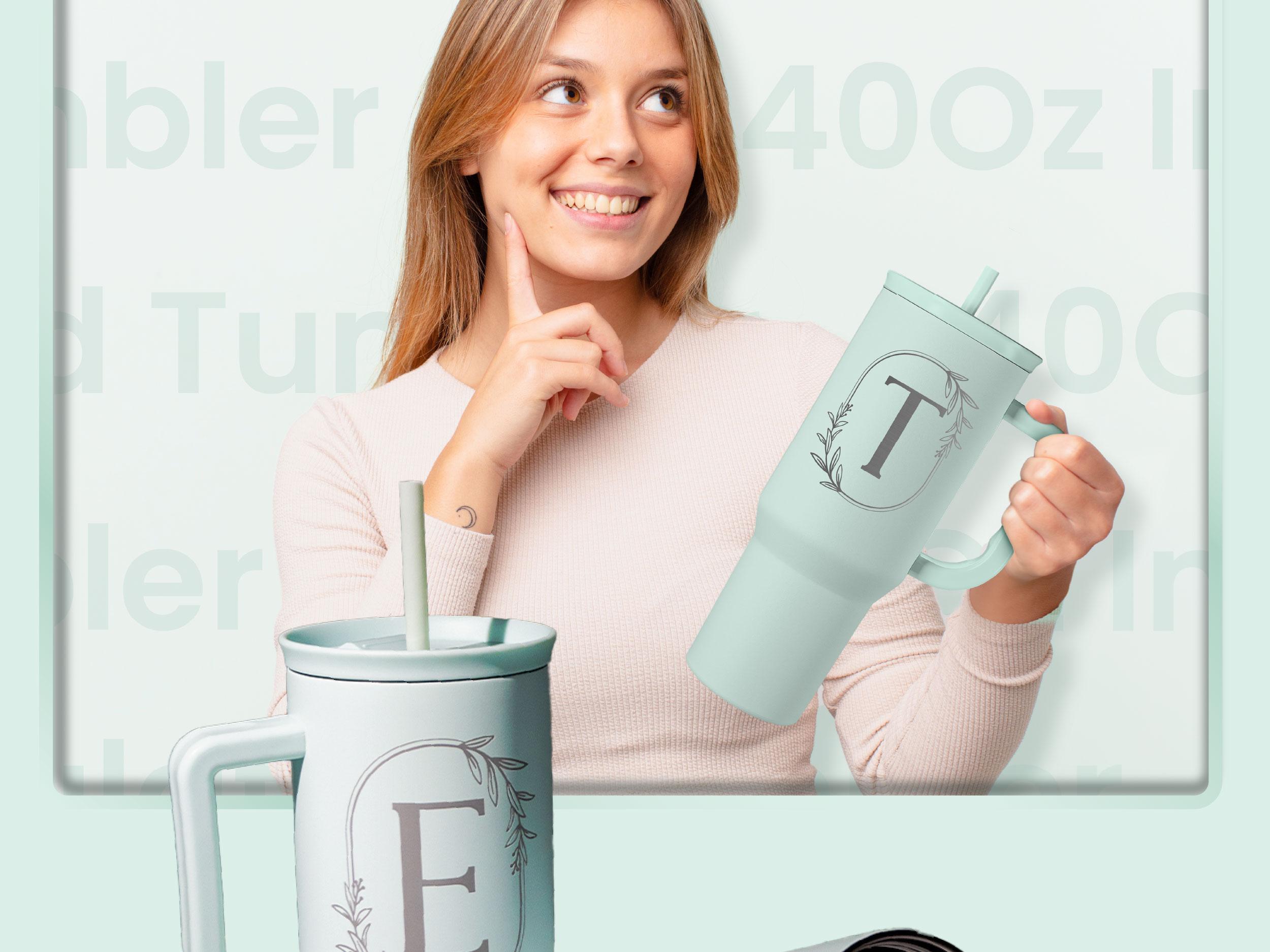 Sandjest Mint Personalized Initial 40oz Tumbler with Straw & Handle Stainless Steel Insulated Vacuum Cup, Home School Office, Christmas Birthday Gift