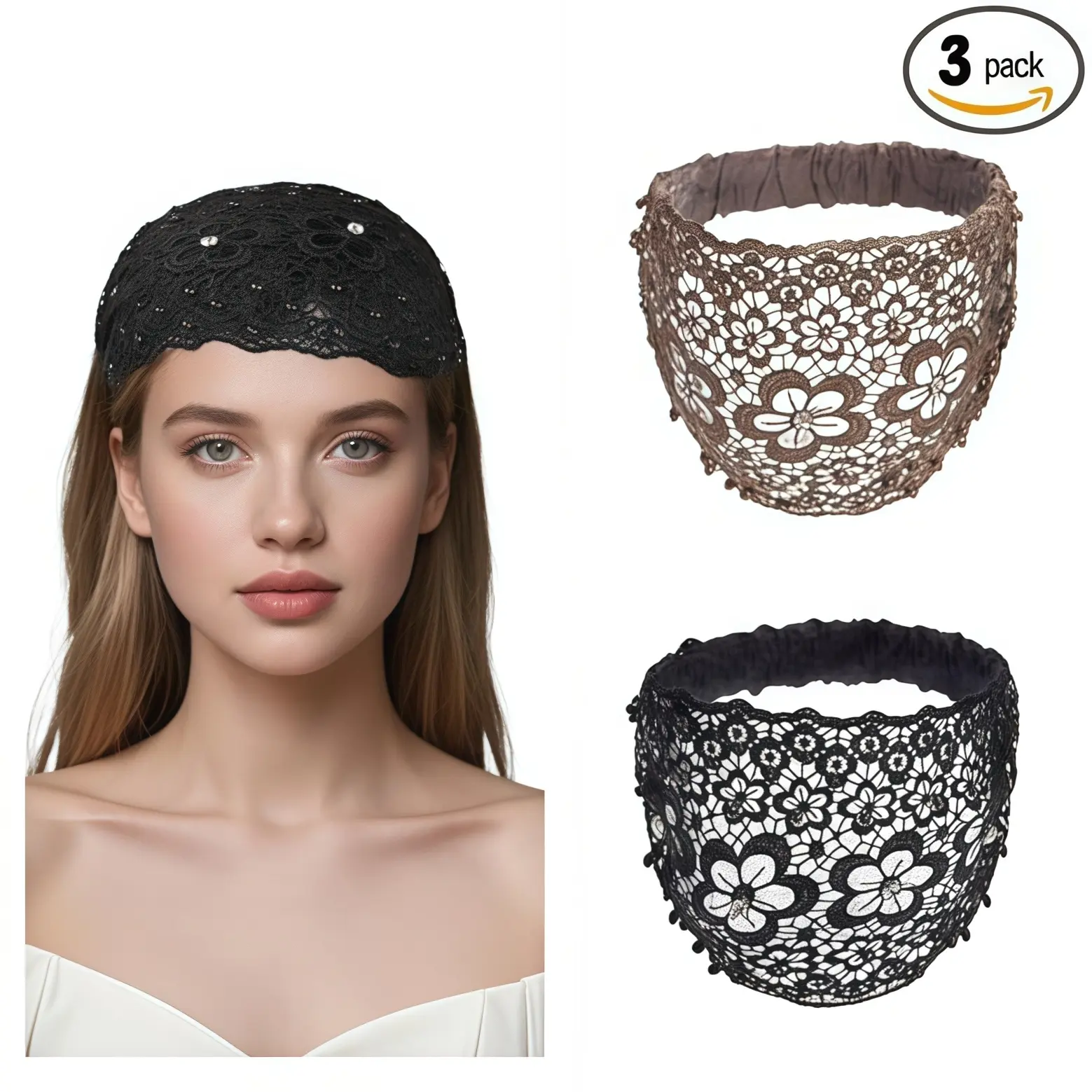3pcs Elastic Lace Headbands - Rhinestone-Decorated, Vintage Hollowed-Out Flower Design, 3-Color Set, Anti-Slip for Daily Commuting & Face Washing/Makeup Hair Coverage (Party Supplies Gift)