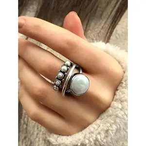 Vintage Multilayer Faux Pearl Cocktail Ring for Women – Silver Geometric Design, Elegant Beach Vacation Jewelry