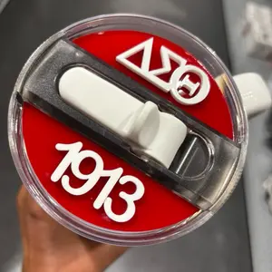 Delta Sigma Theta Sorority Protour Flip Straw Tumbler Nameplate Topper with 1913 Logo Red and White Design