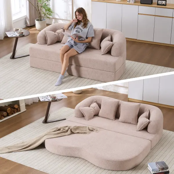 Bellemave 2-in-1 Foldable Chenille Convertible Sofa Bed, 70-in Wood Grain Texture Springless Sleeper Couch, Modern Minimalist Design with 4 Pillows, Compresses Flat, Supports 2 for Living Room, Apartment, Supports Two