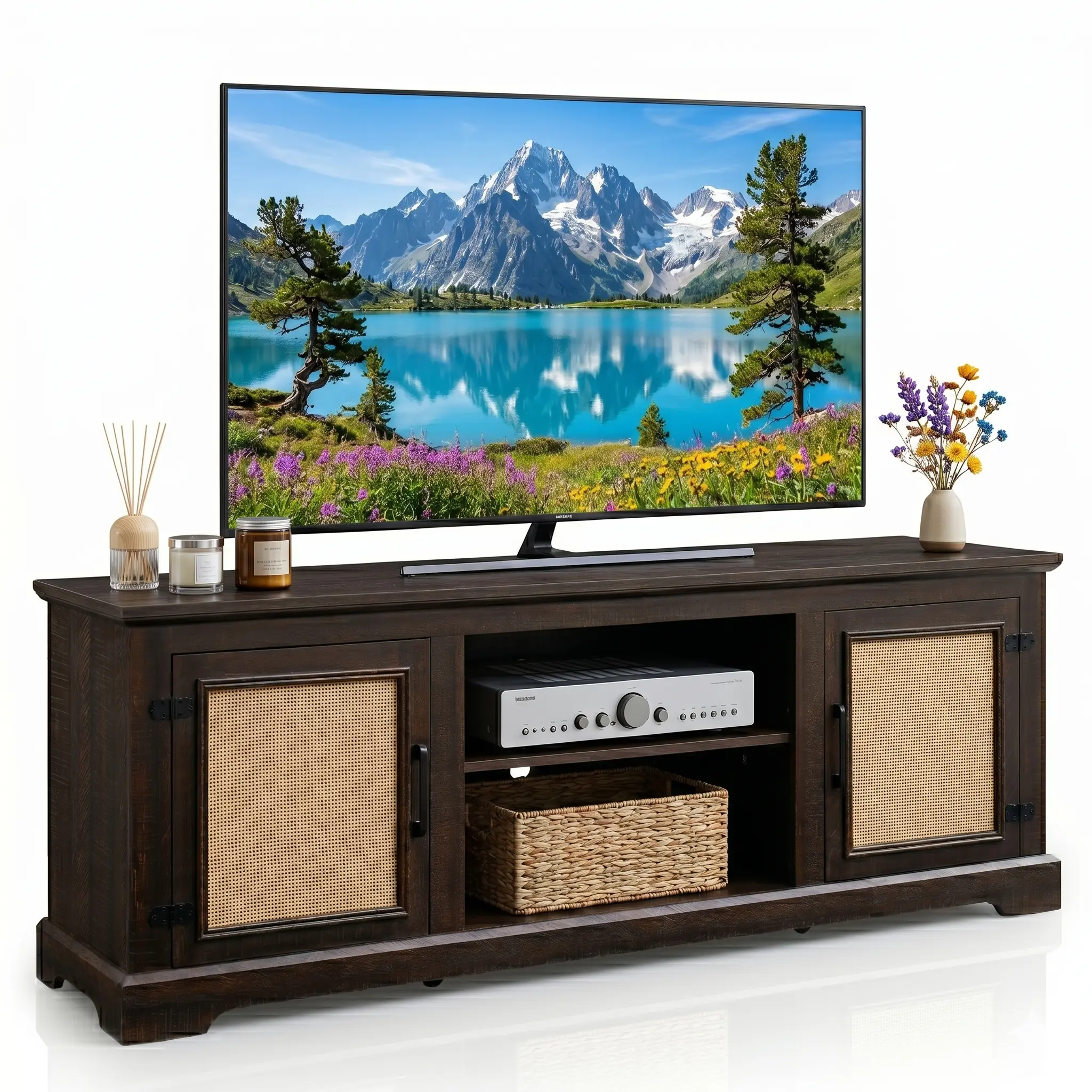 Eyisean Rattan Farmhouse TV Stand for TVs up to 75 Inch, Mid-Century Boho Media Console with 2 Cabinets & Open Storage, Wooden Entertainment Center & Fish Tank Cabinet for Living Room Bedroom, Farmhouse Tv Stands