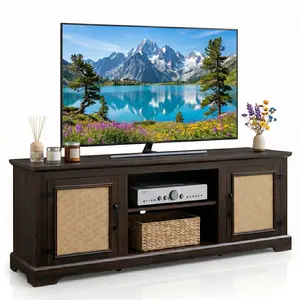 Eyisean Rattan TV Stand for TVs up to 75 Inch, Farmhouse Entertainment Center with 2 Cabinets & Open Storage Space, Mid-Century & Boho Large Wooden Media Console Table, Modern Fish Tank Cabinet for Living Room Bedroom