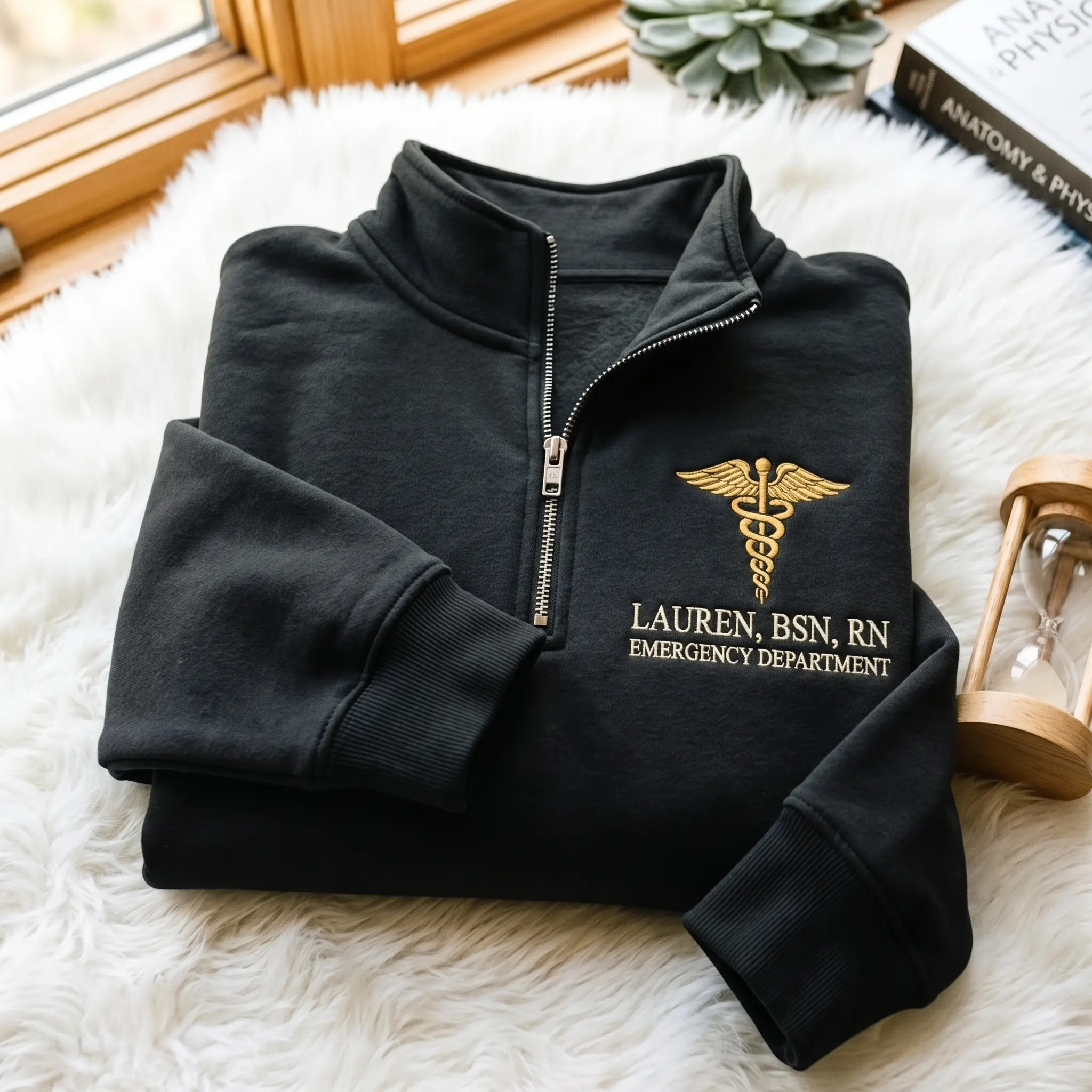 [MADE IN US] Custom Embroidered Nurse Quarter Zip Sweatshirt, Caduceus RN BSN Apparel