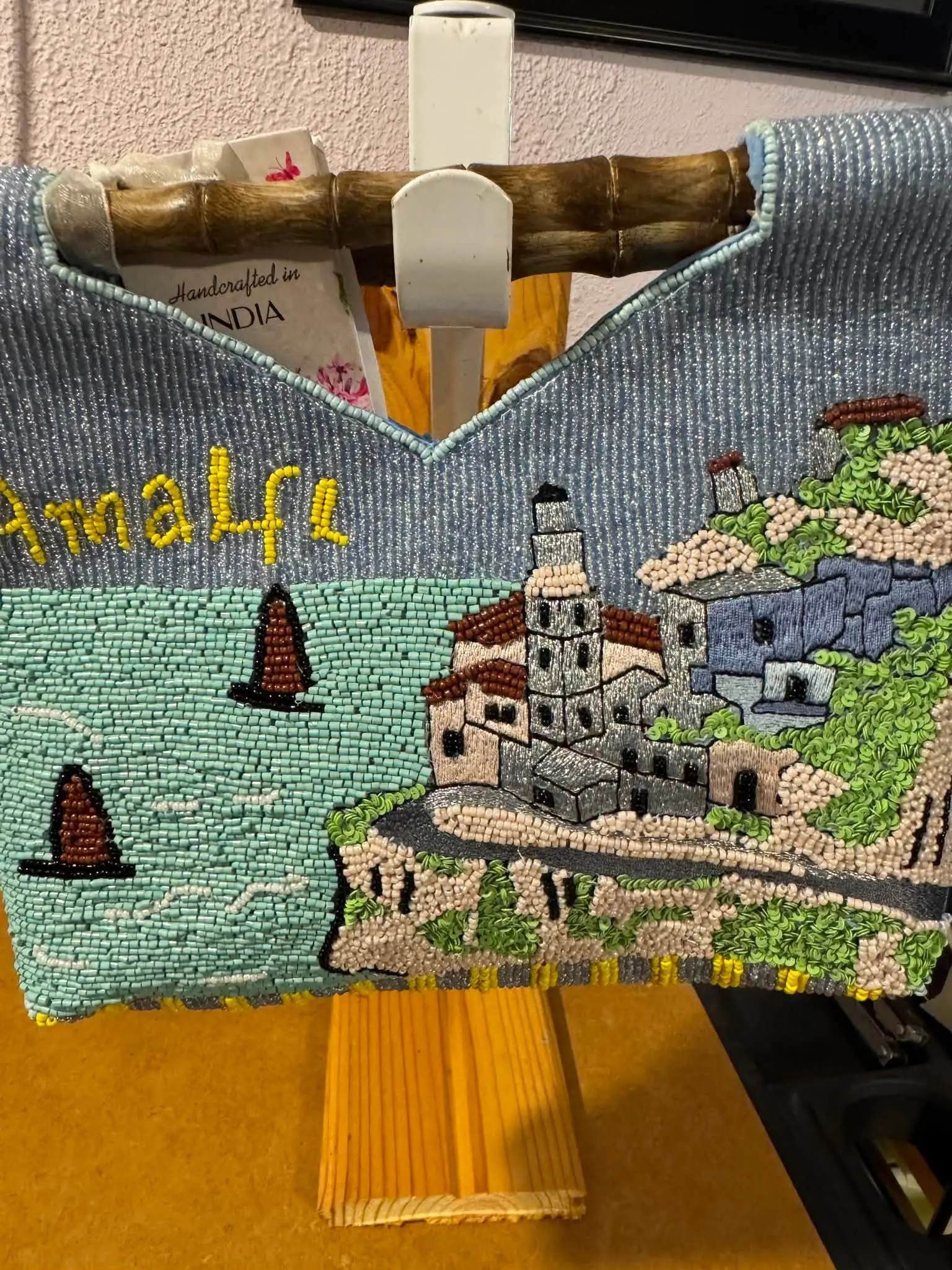 Amalfi Hand-Beaded Bamboo Handle Bag with Coastal Village Design