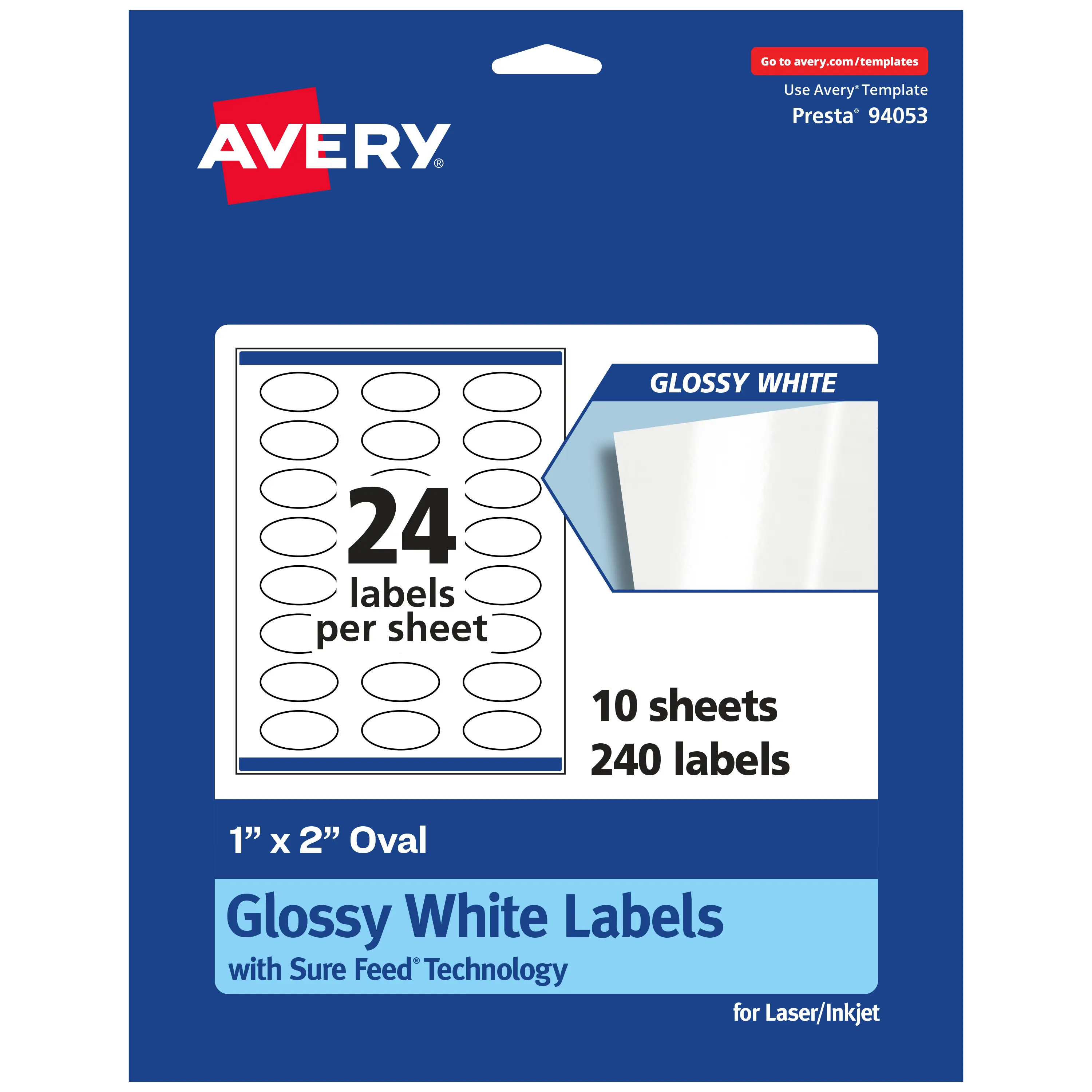 Avery Glossy White Oval Labels with Sure Feed, 1" x 2"