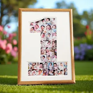 Customizable DIY photo frame for couples and children's first-year anniversary, including a numbered picture frame and printed photos for wall hanging.
