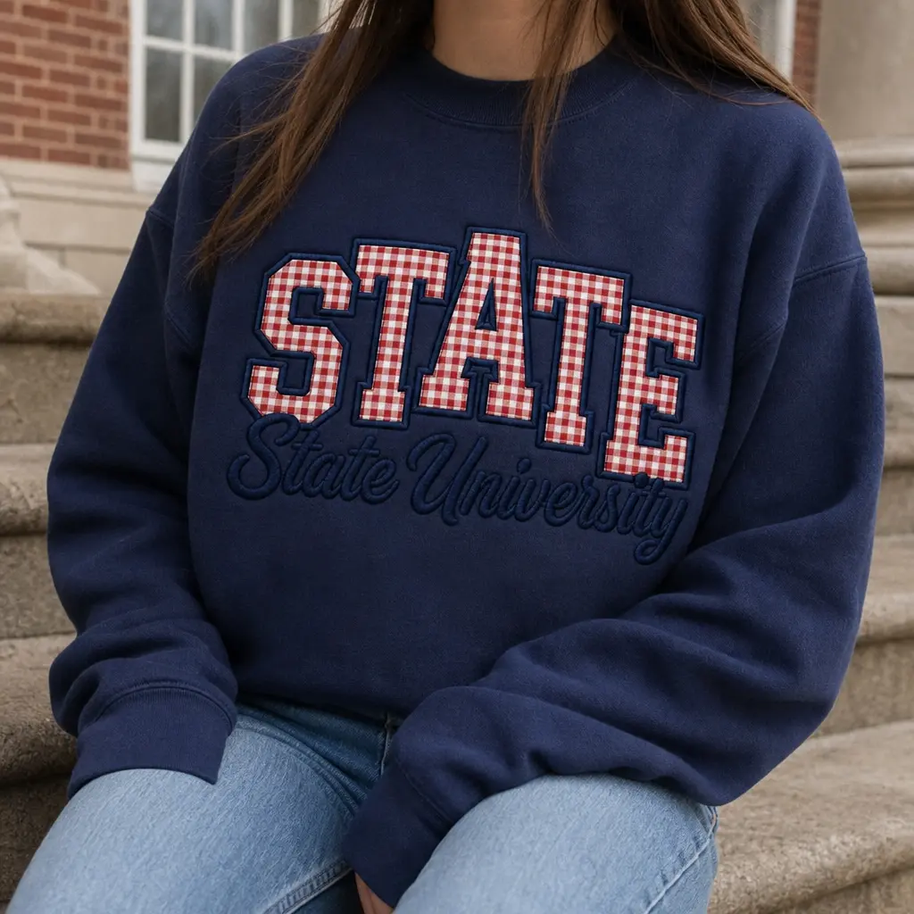 State University Gingham Letter Sweatshirt for Women, Navy Collegiate Graphic Crewneck, Red Checkered Applique Style Pullover, Retro Campus Long Sleeve Top, Casual School Spirit Outfit