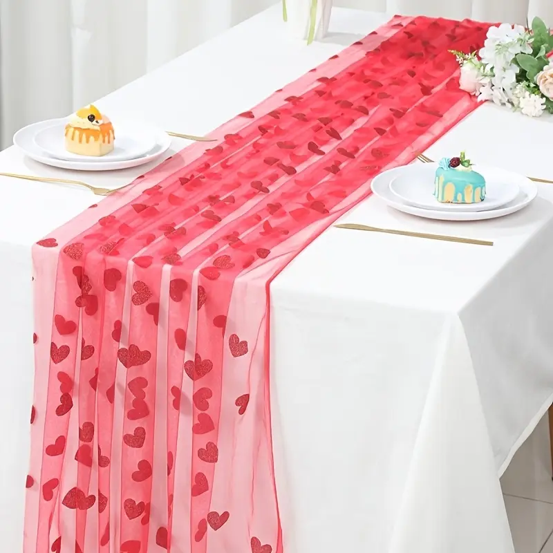 1pc, Table Runner, Red Golden Heart Mesh Table Flags, 75*180cm, Red Heart Table Flag, Bridal Shower Decor, Wedding Bridal Party Decoration, Dining Table Decor, Anniversary Party Supplies, Happy Birthday Party Decor,back-to-school Decor