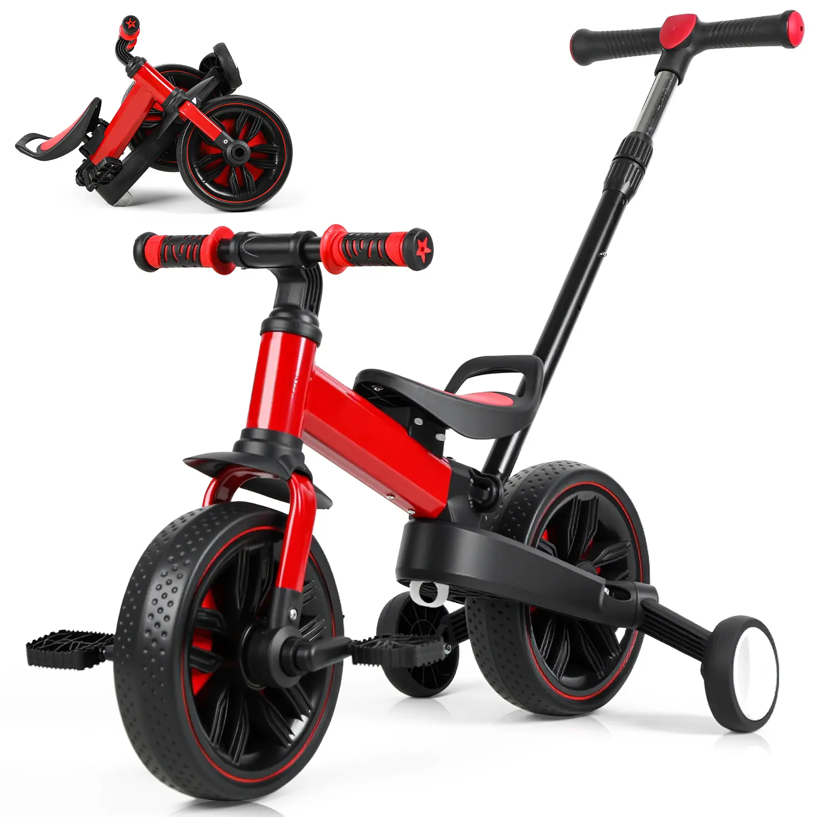 6-in-1 Multi-Functional Toddler Bike with Metal Frame, Adjustable Saddle, Compact Fold, Training Wheels, Pedals, Push Handle - Outdoor Ride-On Toy for 18-60M/2-5 Years Old Kids, Holidays Gift for Boys & Girls