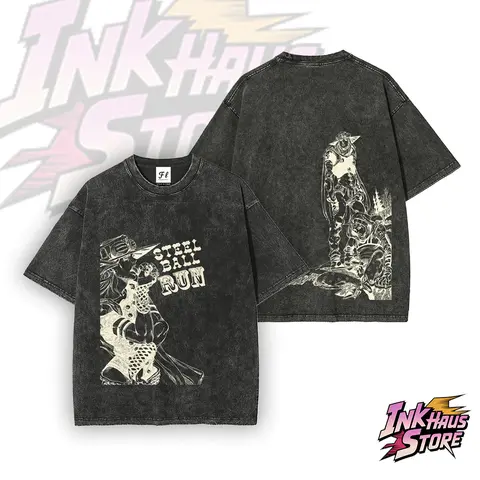 Steel Ball Run acid wash T-shirt, Johnny Joestar and Gyro Zeppeli from JJBA Part 7,anime fashion Short Sleeve Cotton Unisex Retro vintage Tee