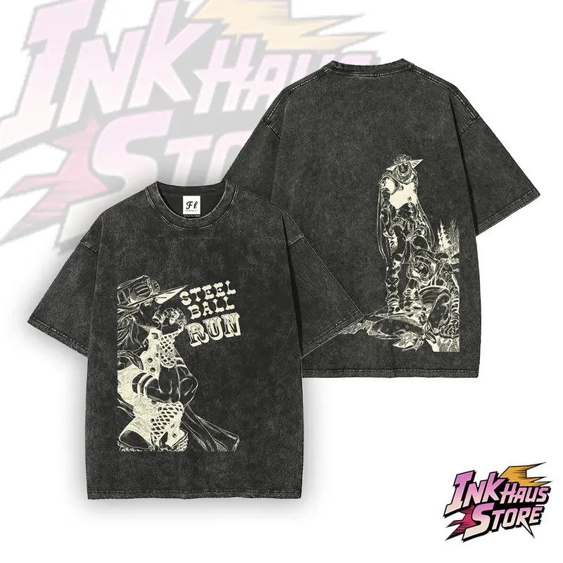 Steel Ball Run acid wash T-shirt, Johnny Joestar and Gyro Zeppeli from JJBA Part 7,anime fashion Short Sleeve Cotton Unisex Retro vintage Tee