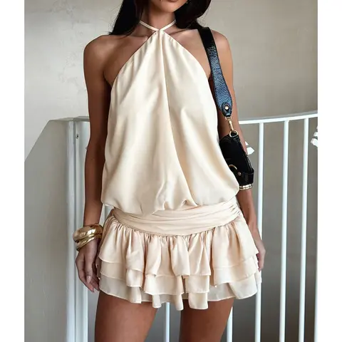 Women Mini Halter Neck Dress Pleated Sleeveless Open Back A-line Layered Ruffle Short Dress
