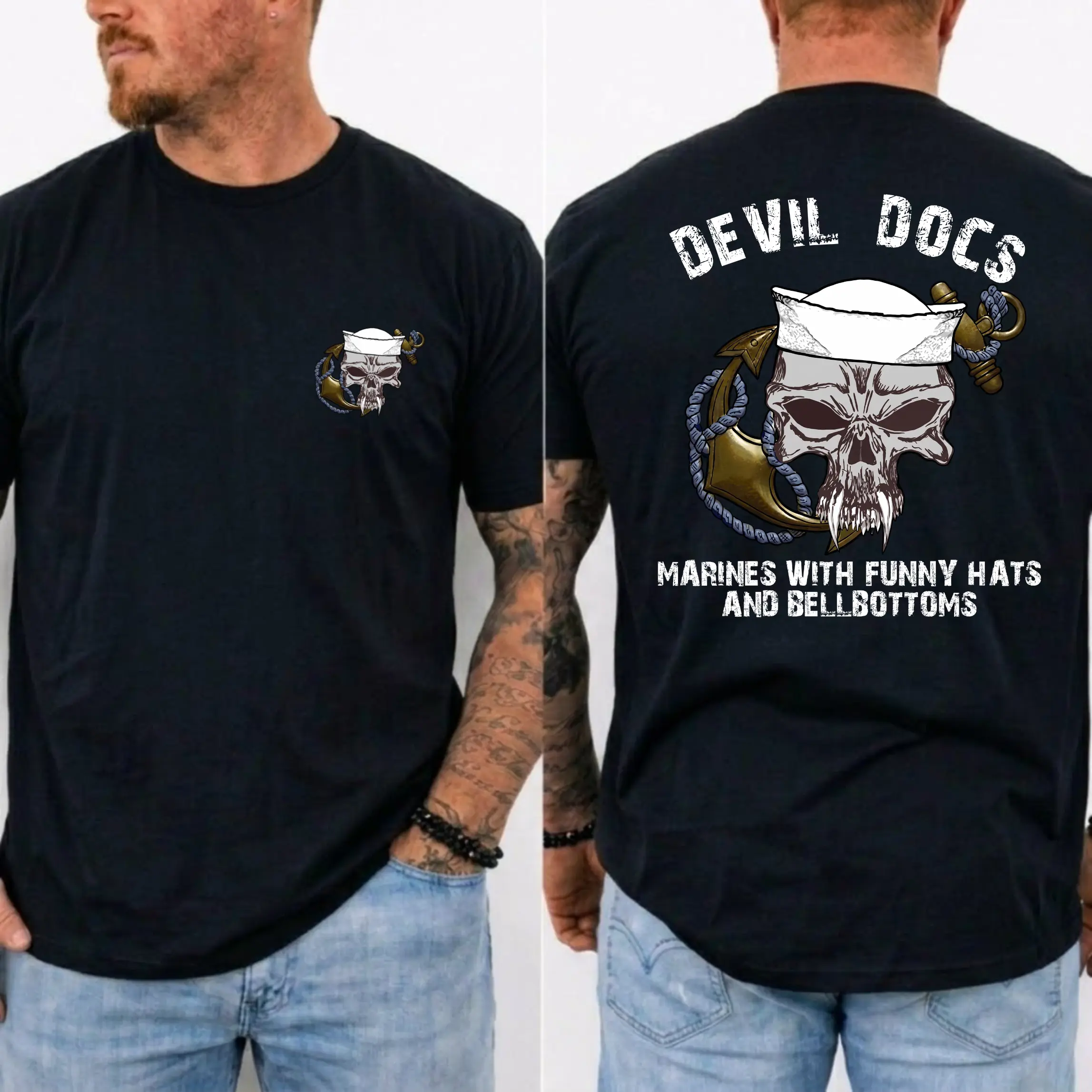 American Guardian USMC Devil Dogs Skull Anchor Shirt – Funny Marine Corps Veteran 2-Sided T-Shirt