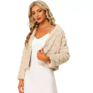 Allegra K Women's Winter Cropped Fluffy Long Sleeve Collarless Faux Fur Coat Medium Apricot