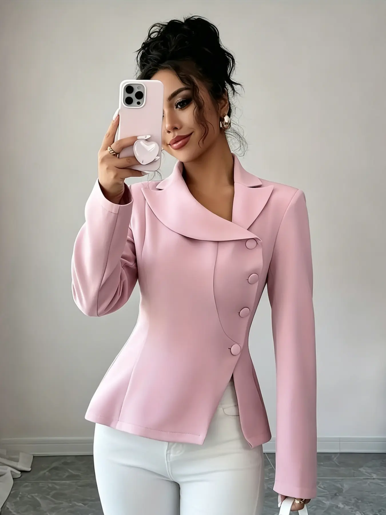 A pink, Chic, Long sleeve asymmetrical collar and waist cinched suit jacket for women, with a slanted buckle design, suitable for commuting, shopping, and indoor/outdoor activities