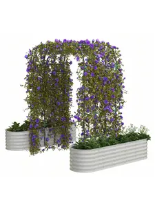 Heavy-Duty Steel Beige Galvanized Raised Garden Bed Kit, 89-in Rust-Proof 2-in-1 Trellis Arch Vertical Gardening System for Climbing Plants & Flowers, Tool-Free Assembly Outdoor Planter Box
