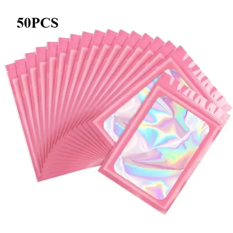 50 Thick Odor-Proof Aluminum Foil Bags 6x10cm, Laser Colorful Plastic Reusable Sealed Bags with Transparent Window, Magic Packaging Bags, Sealing Storage Bags, Reusable Storage Bags