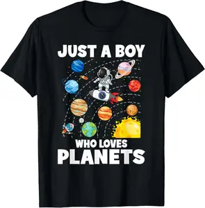 Just A Boy Who Loves Planets Solar System Space Astronaut Summer Casual Shortsleeve Cotton T-Shirt