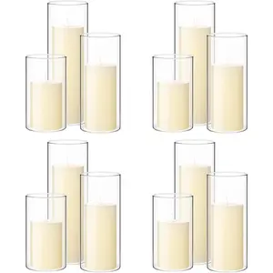 Set of 12 Pillar Candles and Glass Cylinder Vases Clear Cylinder CandleHolders for Slim Pillar Candles Wedding Centerpieces(2.6''x 4.7'', 5.9'', 7.9'', White)