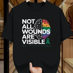 Men'S Mental Health Awareness T-Shirt - Split Brain Design with Rainbow & Green Ribbon Symbols, Crew Neck Tee, Soft Casual Shirt for Year-Round Wear, Bold And Not All Wounded