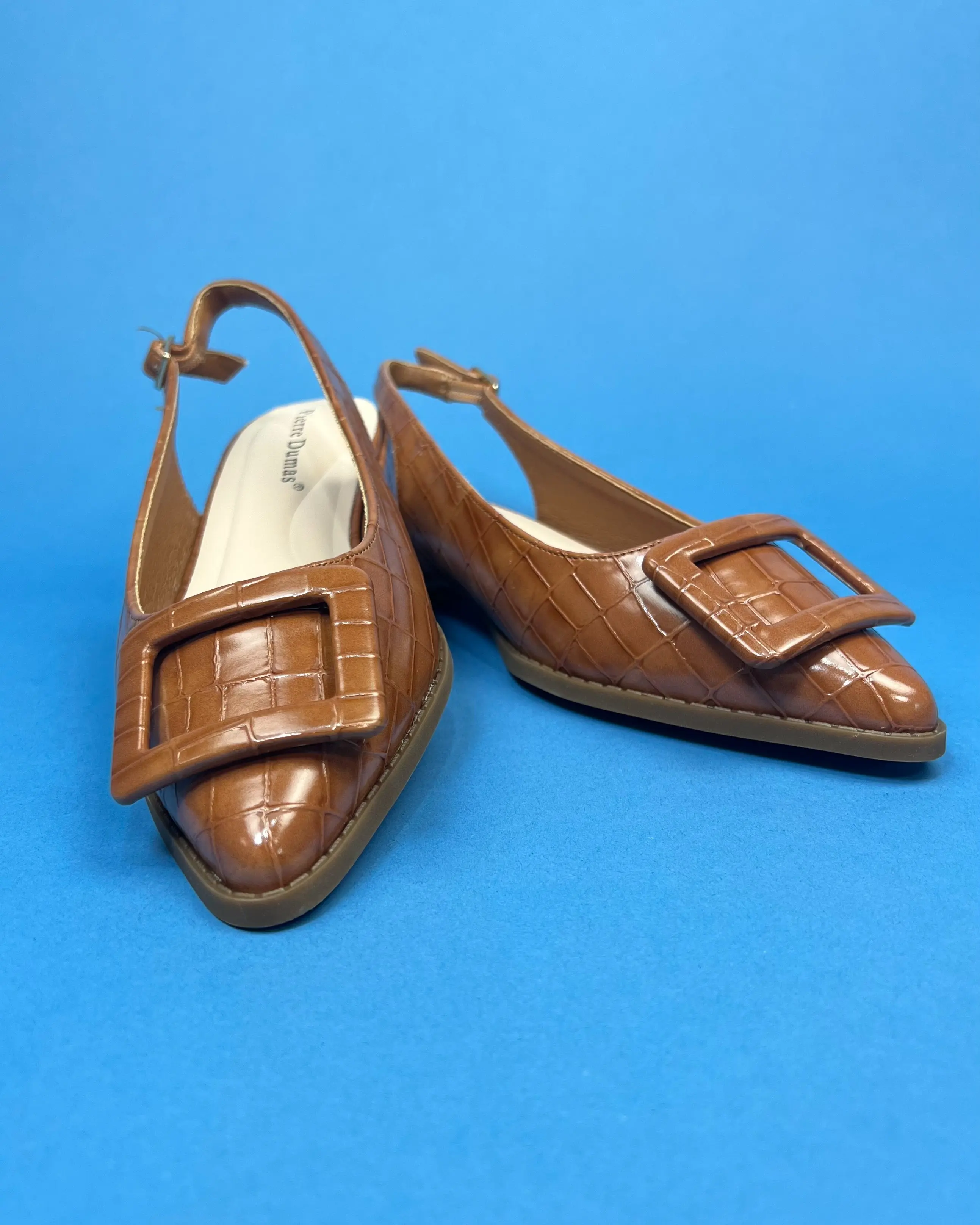 The Brielle Cognac Croc Buckle Slingback Heels
