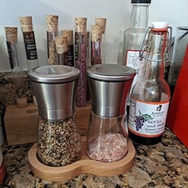 Salt and Pepper Grinder Set with Wooden Standing Tray, Refillable Pepper Mill Set - Brushed Stainless Steel - Short Glass Shakers with Adjustable Coarseness for Peppercorn, Salt or Spice Mills
