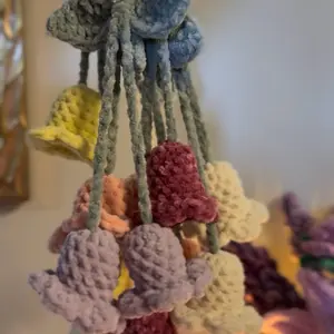 Pastel Floral Crochet Bellflower Keychain & Rearview Mirror Decor with Adjustable Leaf in Various Colors Made from Polyester Yarn