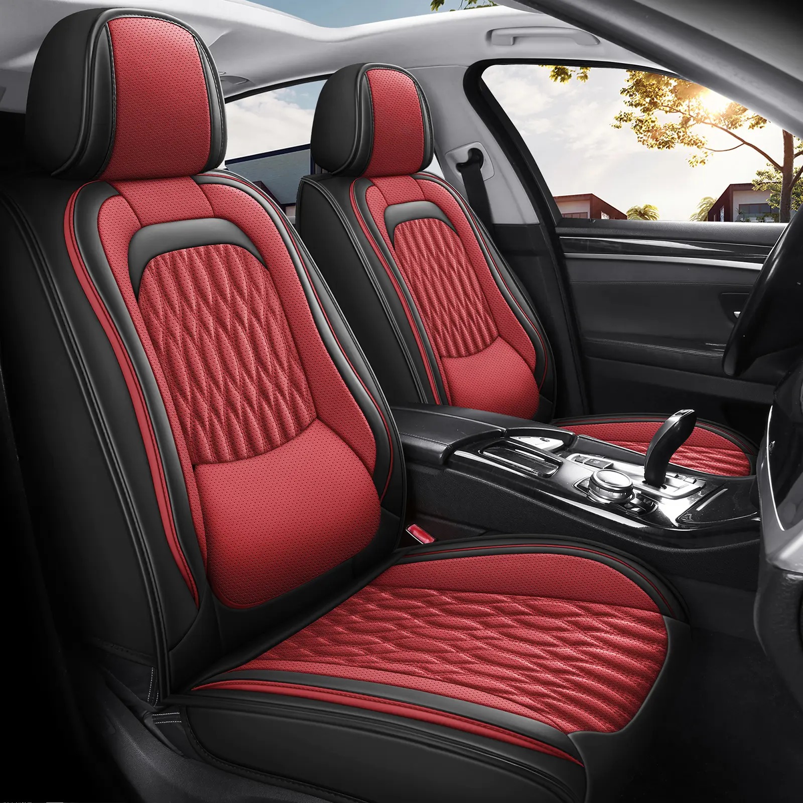OTOEZ Universal Nappa Leather 5 Seats Car Seat Cover with Lumbar Support Breathable Interior Storage Pockets, Car Seat Accessories, Seat Covers For Car