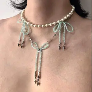 Handmade Mint Green Beaded Necklace with a Sweet and Cool Style for Layered Wear