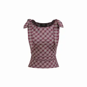 Cider 100% Cotton Plaid Knotted Ruched Top