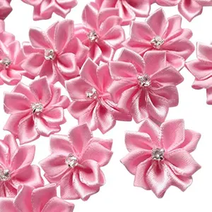 40 count 28mm(1 1/8") Satin Ribbon  Bows Rhinestone Appliques (Pink)