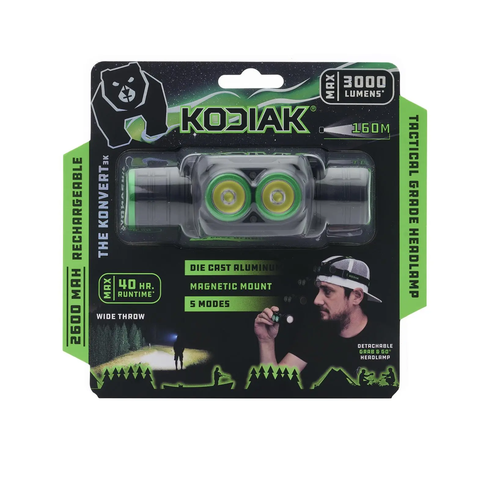 Kodiak 3K Rechargeable LED Headlamp 3000 Lumen 5Mode Wide Beam with Adjustable Strap