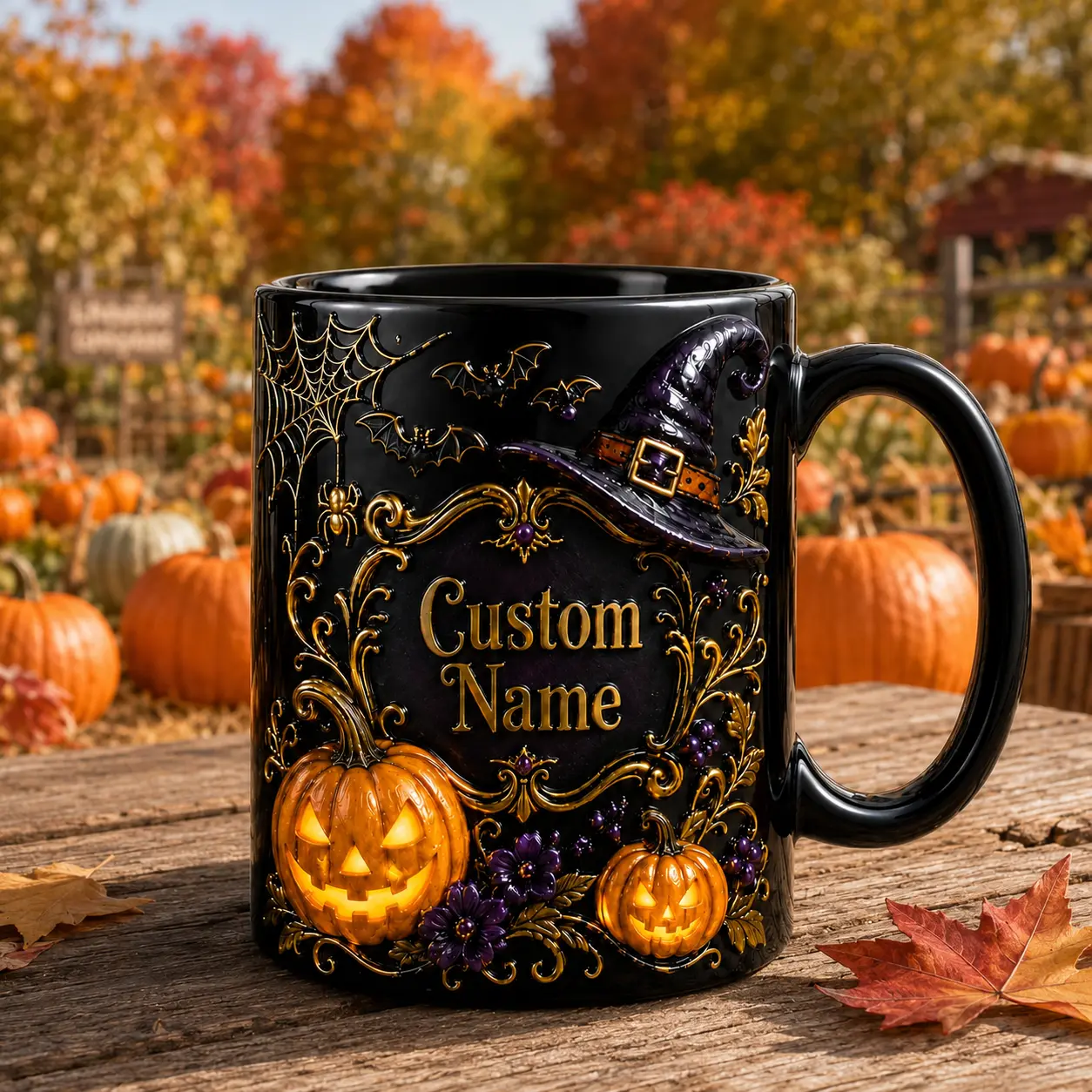 Personalized Halloween Mug with Custom Name, Witch Hat Pumpkin Spider Web Black Coffee Cup, Spooky Fall Gift for Halloween Lovers