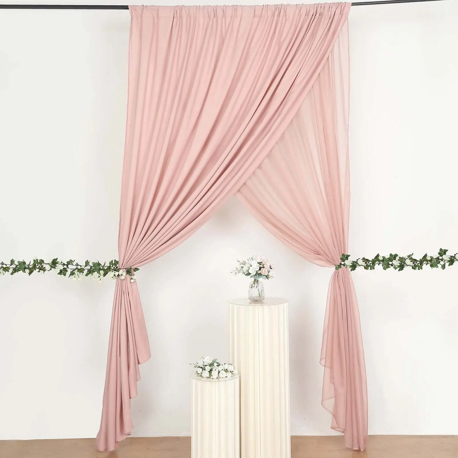 Dusty Rose Chiffon Polyester Event Curtain Drapes, Dual Layer Divider Backdrop Curtain Panels with Rod Pockets - 10ftx10ft