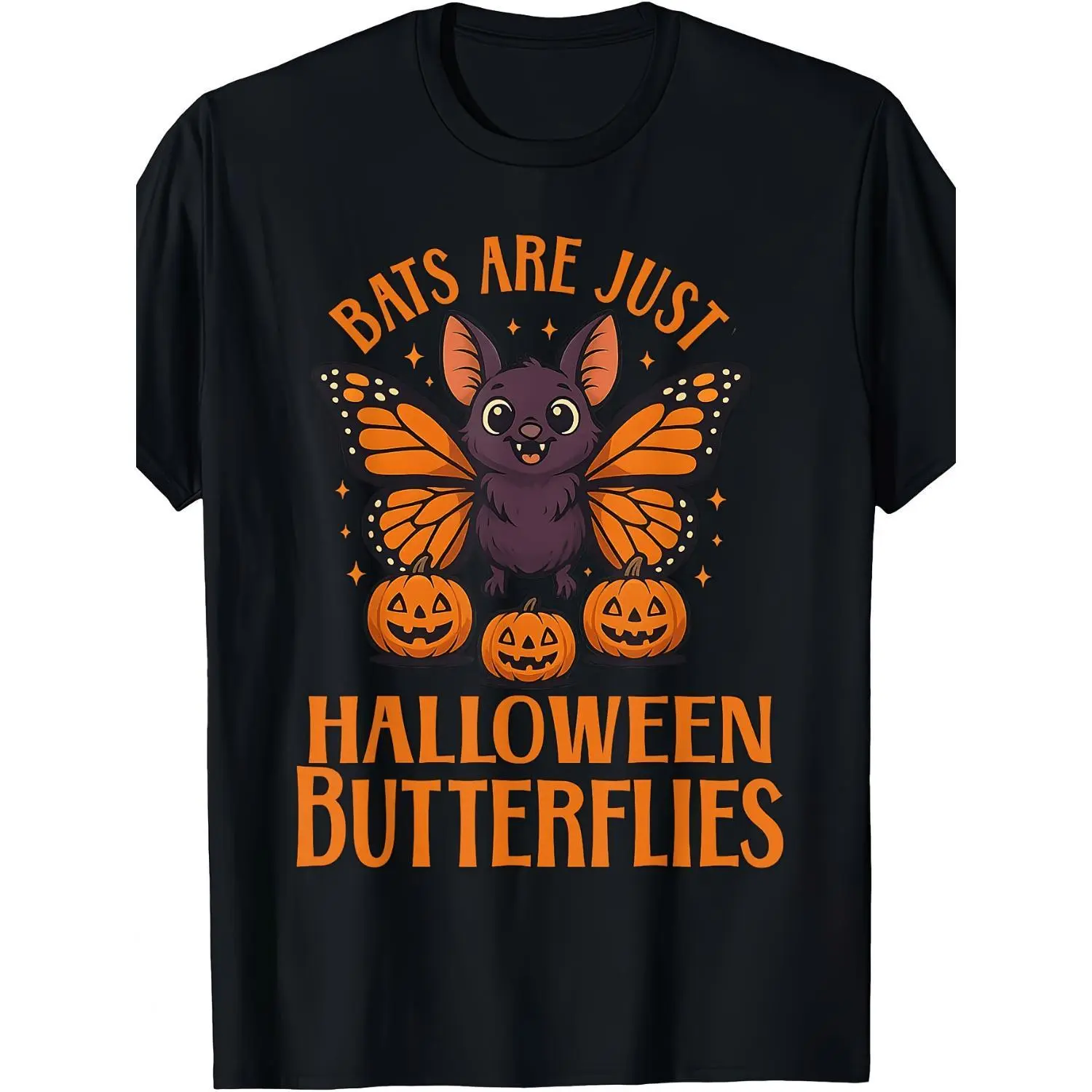 Women's Cotton Shortsleeve Halloween T-Shirt - Round Neck, Cute Bat, Butterfly, Pumpkin Prints, Fun Autumn Tops