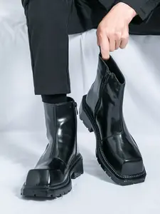 Men's Thick Rubber Sole Motorcycle Boots, Street Style Cool Height Increase Anti-Slip Square Toe Retro Trendy Shoes, Unique Design Fashion Boot