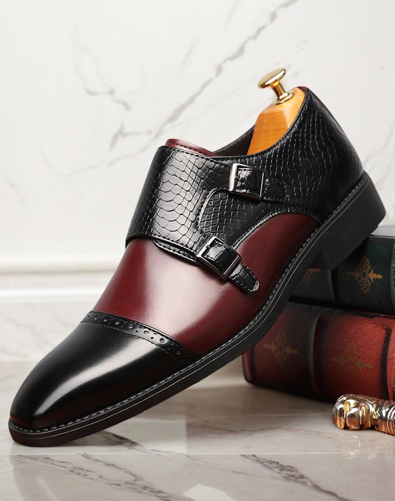 Men's Two-Tone Double Monk Strap Dress Shoes, Black & Burgundy Croc-Embossed Formal Leather Shoes97856