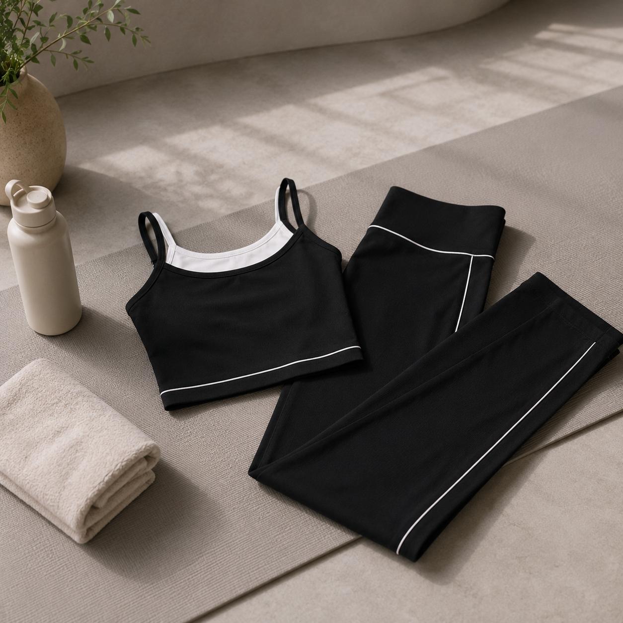 JOJOANS Women's Yoga Set 2 Piece Matching Outfit, Faux Twinset Built-In Bra Tank Top, High Waisted Wide Leg Pants with Pockets, Tummy Control Butt Lifting Stretch Workout Athleisure Lounge Set for Gym Travel Summer