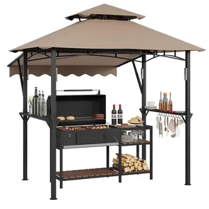 9' x 5' Grill Gazebo Canopy with Extra 7' x 3' Awning, Heavy Duty Steel Frame, Double-Tiered Outdoor Grill Canopy with Shelves, 10 Hooks & LED Lights for Patio BBQ Backyard,Khaki