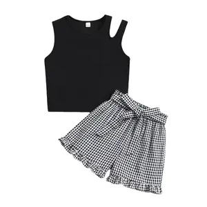 Girl's Plain Tank Top & Bow Decor Plaid Print Shorts Two-piece Set, Casual Sleeveless Top & Shorts Outfit for Daily Wear, Kids Summer Clothes, Clothing